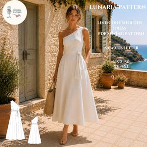May include: A white one-shoulder linen dress featuring a fitted bodice, a tie-waist detail, and a flared midi-length skirt. The text LUNARIA PATTERN LINEN ONE SHOULDER DRESS PDF SEWING PATTERN A4-A0-US LETTER US 2-30 XS-4XL is visible on the right side.