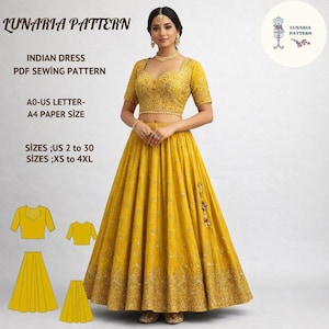 Puede incluir: Una mujer con un vestido indio amarillo. El vestido incluye un top corto y una falda larga. La imagen también muestra diagramas de patrones de costura y el texto "LUNARIA PATTERN", "INDIAN DRESS", "PDF SEWING PATTERN", "AO-US LETTER- A4 PAPER SIZE", y "SIZES ;US 2 to 30 SIZES ;XS to 4XL".