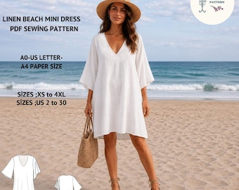 Linen Beach Dress Sewing Pattern, Boho Tunic Mini Dress, Loose V Neck (PDF Download)