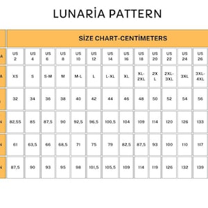 May include: A size chart in centimetres, detailing bust, waist, and hip measurements. The chart includes US sizes 2 to 30, and international sizes from XS to 4XL+. The chart is labelled "LUNARIA PATTERN".