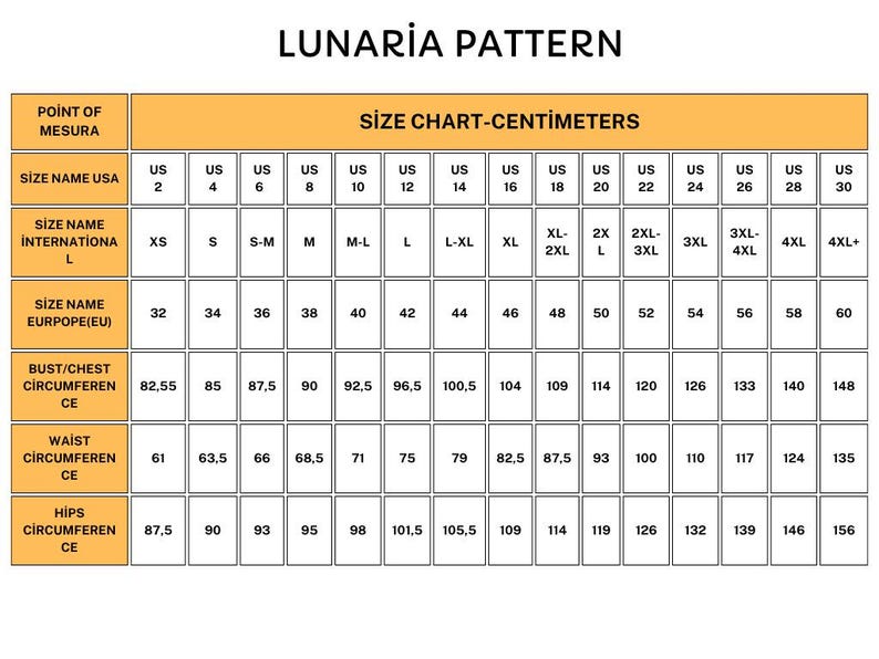 May include: A size chart in centimetres, detailing bust, waist, and hip measurements. The chart includes US sizes 2 to 30, and international sizes from XS to 4XL+. The chart is labelled "LUNARIA PATTERN".