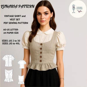 May include: A woman wearing a vintage shirt and vest set. The shirt is cream-colored with a Peter Pan collar and short, puffed sleeves. The vest is tan with wooden buttons. The image includes the text "LUNARIA PATTERN" and "VINTAGE SHIRT and VEST SET PDF SEWING PATTERN".