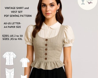 Vintage Cottagecore Linen Vest & Blouse Sewing Pattern (US 2-30) (Digital Download)