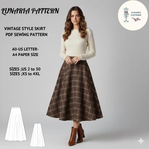 May include: A woman wearing a cream-colored sweater and a brown plaid skirt. The skirt is a vintage style and is a PDF sewing pattern. The image includes the text "LUNARIA PATTERN" and size information.