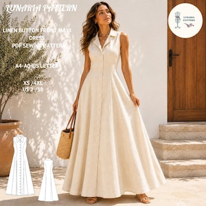 Peut inclure: Une robe longue sans manches en lin beige avec une fermeture boutonnée sur le devant, un col et une jupe longue. L'image contient le texte : LUNARIA PATTERN, LINEN BUTTON FRONT MAXI DRESS PDF SEWING PATTERN, A4-A0-US LETTER, XS/4XL, US 2/30.