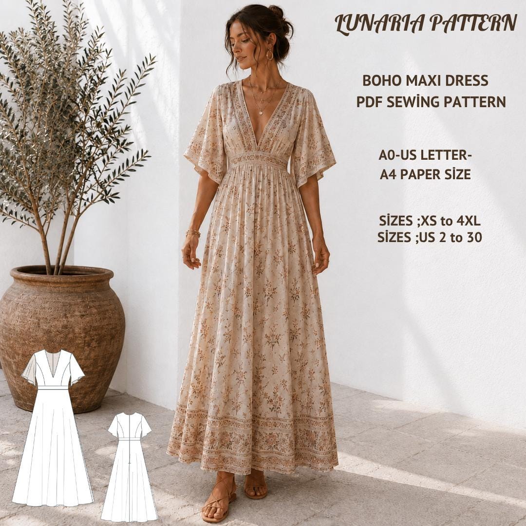 boho maxi dress sewing pattern Pattern, Deep V Neck Kaftan PDF (Instant Download) This beautiful Boho dress swatchColor__womens-sun-protective-swim-dresses High Neck Ruched Sleeve Color:Black and Blush