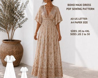 Boho Maxi Dress Sewing Pattern, Deep V Neck Kaftan PDF (Instant Download)