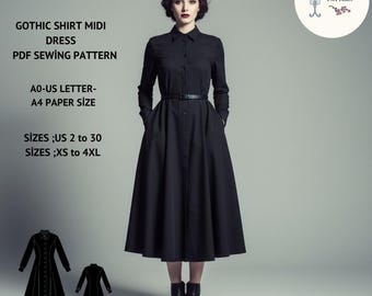 May include: A black Gothic shirt midi dress with long sleeves, a button-down front, and a belt. The image includes the text "LUNARIA PATTERN" and details about the PDF sewing pattern, including sizes US 2 to 30 and XS to 4XL.