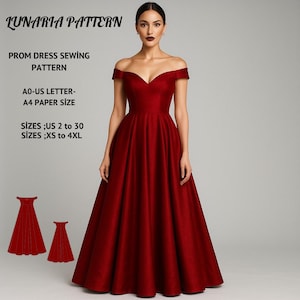 Può includere: Una donna indossa un abito da ballo rosso con spalle scoperte. L'abito ha un corpetto aderente e una gonna fluida. L'immagine include il testo "LUNARIA PATTERN" e "PROM DRESS SEWING PATTERN". Taglie US 2 a 30 e XS a 4XL.