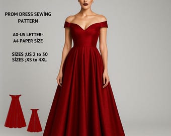 Off Shoulder Prom Dress Sewing Pattern, A0 A4 US Letter, US 2-30 (PDF)