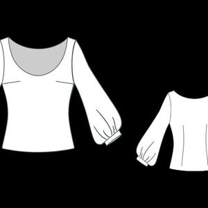 May include: Two white long-sleeved tops with a scoop neckline and gathered sleeves. One top is shown from the front, and the other from the back. The tops have a simple, elegant design, suitable for various occasions.