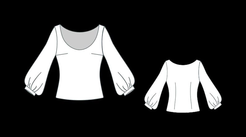 May include: Two white long-sleeved tops with a scoop neckline and gathered sleeves. One top is shown from the front, and the other from the back. The tops have a simple, elegant design, suitable for various occasions.