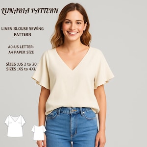 Linen Flared Sleeves Blouse Sewing Pattern,Short Sleeve Blouse Top,V neck linen blouse,Easy blouse Sewing Pattern,A0 A4 US Letter-US 2 to 30