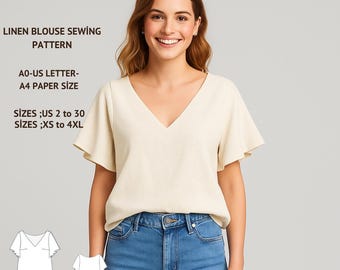 Naaipatroon linnen blouse met wijd uitlopende mouwen, top met V-hals (A0 A4 US Letter)