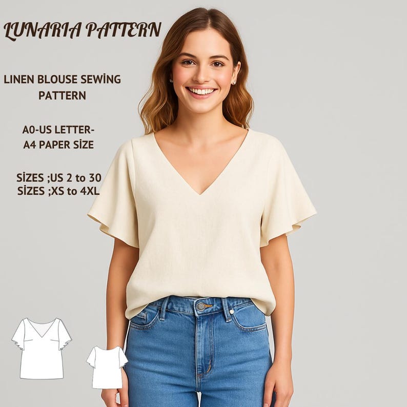 Linen Flared Sleeve Blouse Sewing Pattern, V Neck Top (A0 A4 US Letter ...