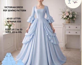 Victorian Dress Sewing Pattern, Renaissance Cosplay, US 2-30 (PDF Pattern)
