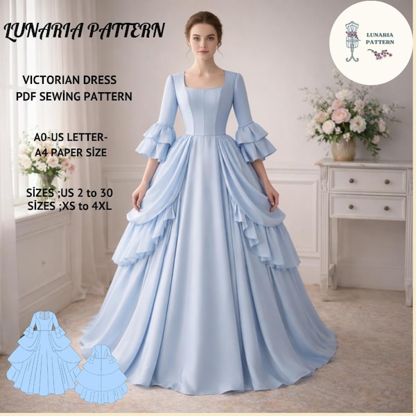 Victorian Dress Sewing Pattern, Renaissance Cosplay, US 2-30 (PDF Pattern)