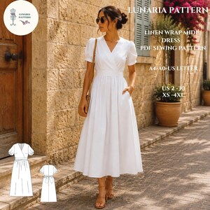 Puede incluir: Un vestido midi cruzado de color blanco con mangas cortas abullonadas, escote en V y falda amplia. El diseño incluye una cintura ajustada y bolsillos laterales. El texto dice LUNARIA PATTERN, LINEN WRAP MIDI DRESS, PDF SEWING PATTERN, A4-A0-US LETTER, US 2-30, XS-4XL.