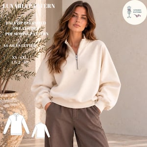 Half Zip Sweatshirt Sewing Pattern, Oversized Pullover PDF Pattern, Women's Quarter Zip Sweater, US 2-30