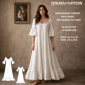 Pode incluir: Um vestido maxi branco renascentista com bainha com babados e mangas sino. A imagem inclui um diagrama de padrão e texto: LUNARIA PATTERN, RENAISSANCE CHEMISE MAXI DRESS, PDF SEWING PATTERN, A0-US LETTER-A4 PAPER SIZE, TAMANHOS US 2 a 30, TAMANHOS XS a 4XL.