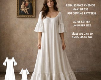 Molde para Vestido Maxi Chemise Renascentista (PDF), Vestido Estilo Campestre, Traje Histórico, Tamanhos PP-4XG