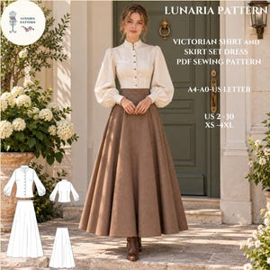 Può includere: Un cartamodello PDF per un completo vittoriano composto da camicia e gonna di Lunaria Pattern. Il set include una camicia color crema a maniche lunghe con bottoni e una gonna lunga marrone. Il testo include A4-A0-US Letter, US 2-30, XS-4XL.