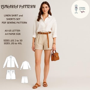 May include: A woman wearing a white linen shirt and beige shorts, paired with a brown belt and sandals. The image includes the text "LUNARIA PATTERN" and details for a PDF sewing pattern for a linen shirt and shorts set, sizes US 2 to 30 and XS to 4XL.
