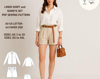 Linen Shirt and Shorts Sewing Pattern: High Waisted, Oversized (Digital PDF Download, XS-4XL)