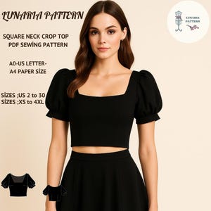 Square Neck Bishop Sleeve Crop Top Sewing Pattern: Cottagecore Style (PDF Pattern, XS-4XL)
