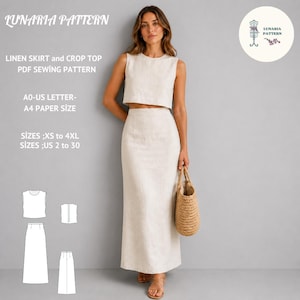 Può includere: Un completo composto da un top corto e una gonna lunga in lino beige. Il testo recita: LUNARIA PATTERN, LINEN SKIRT and CROP TOP PDF SEWING PATTERN, A0-US LETTER-A4 PAPER SIZE, SIZES XS to 4XL, SIZES US 2 to 30. Include logo e disegni.