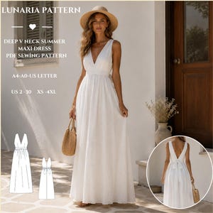 May include: A white maxi dress with a deep V-neckline and a tie-back detail. The text reads LUNARIA PATTERN, DEEP V NECK SUMMER MAXI DRESS PDF SEWING PATTERN, A4-A0-US LETTER, US 2-30, XS-4XL. Includes a line drawing of the front and back views.