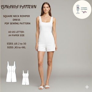 以下が含まれることがあります： 白いスクエアネックのロンパースドレス。画像には「LUNARIA PATTERN」、「SQUARE NECK ROMPER DRESS」、「PDF SEWING PATTERN」、「A0-US LETTER- A4 PAPER SIZE」、および「SIZES ;US 2 to 30 SIZES ;XS to 4XL」というテキストが含まれています。