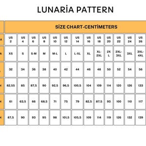 May include: A size chart in centimetres, detailing bust, waist, and hip measurements. The chart includes US sizes 2 to 30, and international sizes from XS to 4XL+. The chart is labelled "LUNARIA PATTERN".