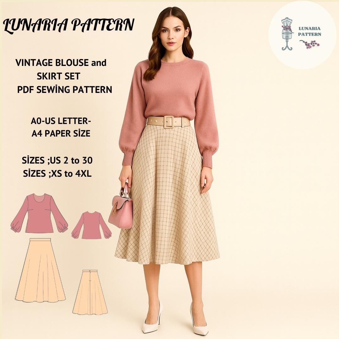 Vintage Plaid Skirt & Bishop Sleeve Blouse Sewing Pattern (PDF Pattern ...