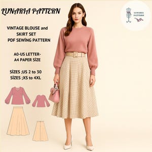 Puede incluir: Una mujer con un suéter rosa y una falda a cuadros beige, con cinturón y bolso rosa. La imagen incluye un patrón de costura con el texto "LUNARIA PATTERN" y "VINTAGE BLOUSE and SKIRT SET PDF SEWING PATTERN".