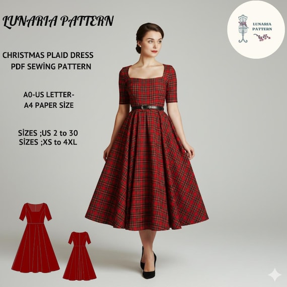 Christmas Plaid Midi Dress Sewing Pattern, Retro Holiday (PDF Pattern) -  Etsy Israel