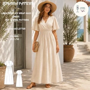 Op de afbeelding: Een beige linnen wikkelmaxijurk met vlindermouwen en een gesmokte taille. De tekst luidt: LUNARIA PATTERN, LINEN SURPLICE WRAP MAXI DRESS PDF SEWING PATTERN, A4-A0-US LETTER, XS/4XL, US 2/30. Inclusief een lijntekening van het jurkontwerp.