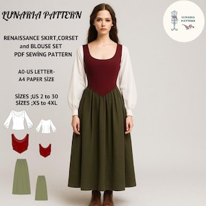 Renaissance Medieval Outfit Sewing Pattern Set: Blouse, Bodice, Skirt (PDF Pattern, XS-4XL)