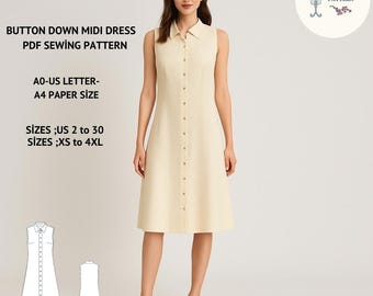 Puede incluir: Vestido midi sin mangas de color beige claro con botones. El vestido presenta un cuello camisero y una serie de botones en la parte delantera. La imagen incluye texto: "LUNARIA PATTERN", "BUTTON DOWN MIDI DRESS", "PDF SEWING PATTERN", "AO-US LETTER-A4 PAPER SIZE", y "SIZES ;US 2 to 30 SIZES ;XS to 4XL".