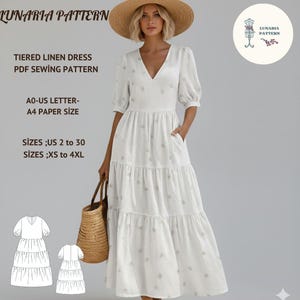 Puede incluir: Un vestido de lino blanco escalonado con cuello en V y mangas cortas. El vestido presenta un estampado floral y bolsillos. También se incluye el texto "TIERED LINEN DRESS PDF SEWING PATTERN" y "SIZES ;US 2 to 30". También se ve un sombrero y un bolso de paja.