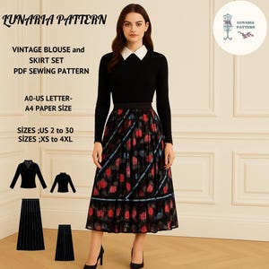 Peut inclure: Une femme porte un haut noir à manches longues avec un col blanc et une jupe noire à motifs floraux. L'image contient le texte "LUNARIA PATTERN" et "VINTAGE BLOUSE and SKIRT SET PDF SEWING PATTERN".