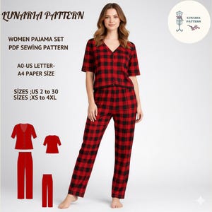 May include: A red and black checked pajama set. The set features a short-sleeved top and trousers. The image also displays a pattern for the pajama set, with the text "LUNARIA PATTERN" and "WOMEN PAJAMA SET PDF SEWING PATTERN". Sizes US 2 to 30 and XS to 4XL.