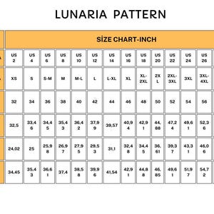 May include: A size chart for the Lunaria Pattern, showing US, international, and European sizes. Measurements for bust, waist, and hips are in inches, with sizes from US 2 to 30. The chart is set against a light orange backdrop.