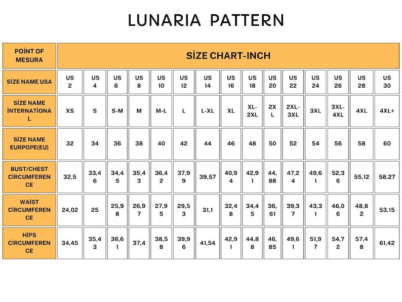 May include: A size chart for the Lunaria Pattern, showing US, international, and European sizes. Measurements for bust, waist, and hips are in inches, with sizes from US 2 to 30. The chart is set against a light orange backdrop.