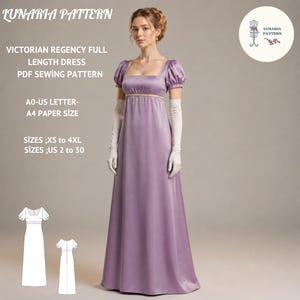 Könnte beinhalten: Ein lila Victorian Regency langes Kleid. Das Kleid hat einen quadratischen Ausschnitt, kurze Puffärmel und ein eng anliegendes Oberteil mit goldenem Besatz. Das Kleid wird mit langen weißen Handschuhen getragen. Der Text "LUNARIA PATTERN" und "PDF SEWING PATTERN" ist enthalten.