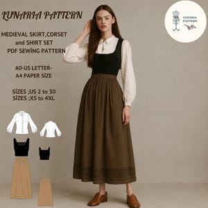 Renaissance Medieval Outfit Sewing Pattern Set,Blouse,Bodice Top and Skirt,Fairy,Tea Lenght Skirt,Historical Cottagecore PDF Pattern,XS-4XL