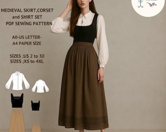Renaissance Medieval Outfit Sewing Pattern Set: Blouse, Bodice, Skirt (PDF Pattern XS-4XL)