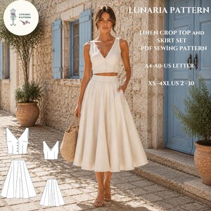 May include: A beige linen crop top and midi skirt set featuring a V-neck button-front bodice and a full, flared skirt. The image includes text for a PDF sewing pattern in sizes XS-4XL, US 2-30, with A4, A0, and US Letter format options.