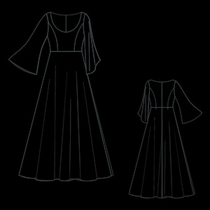 Pode incluir: Desenho linear de um vestido longo com mangas largas e corpete justo. O vestido tem decote redondo e saia ampla. A imagem mostra as vistas frontal e traseira do design do vestido, ideal para padr&otilde;es de costura ou design de moda.