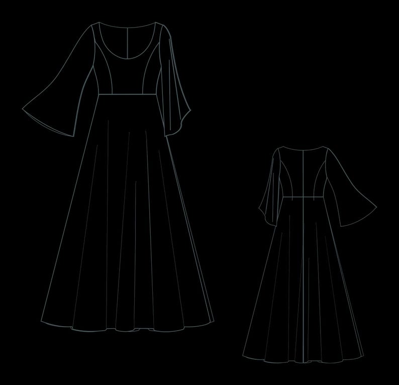 Pode incluir: Desenho linear de um vestido longo com mangas largas e corpete justo. O vestido tem decote redondo e saia ampla. A imagem mostra as vistas frontal e traseira do design do vestido, ideal para padr&otilde;es de costura ou design de moda.